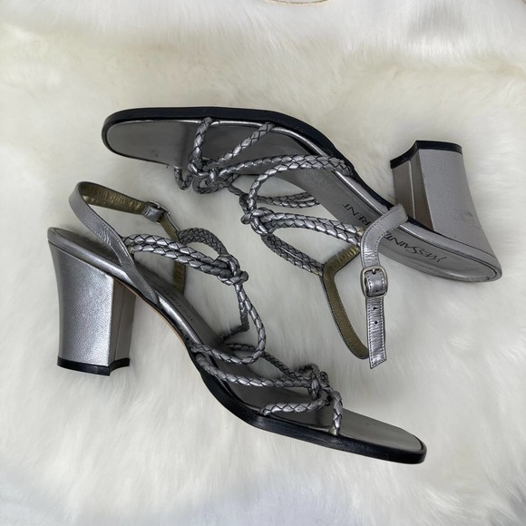Yves Saint Laurent Braided Leather Silver Chunky Heel Open Toe Sandal 9.5N - Picture 2 of 9